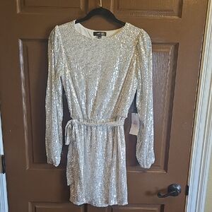 Crystal Sky-Rise sequin long sleeved short dress with sequin belt Sz S NWT.
